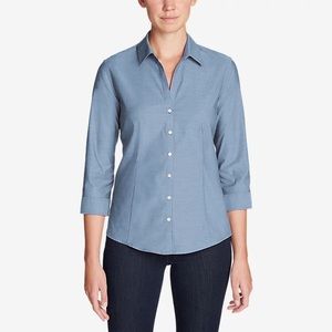 Eddie Bauer Wrinkle Free Shaped Fit Blue 3/4 Sleeve Button Down L